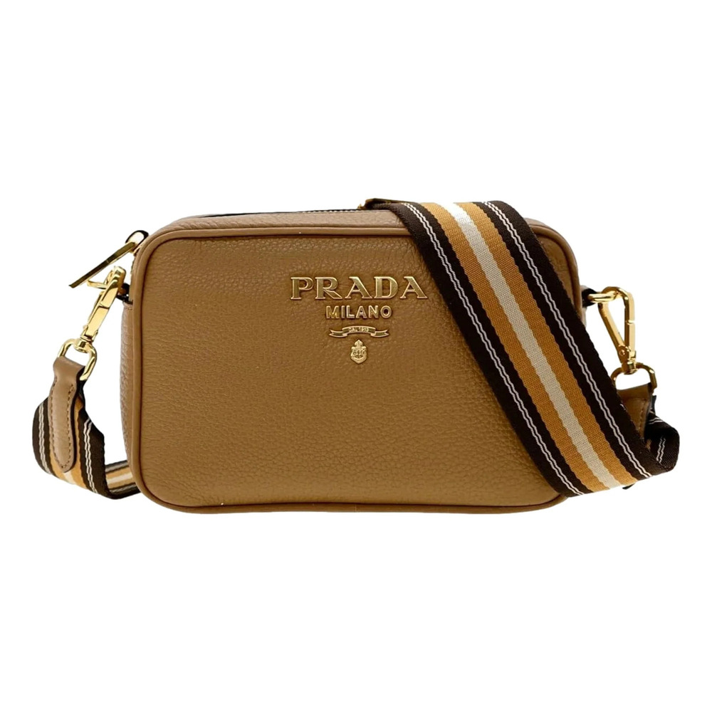 Prada Tan Caramel Pebbled Leather Crossbody Bag Web Stripe Strap Gold